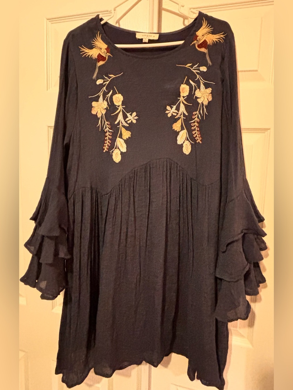 Umgee Navy Embroidered Ruffle-Sleeve Tunic Dress